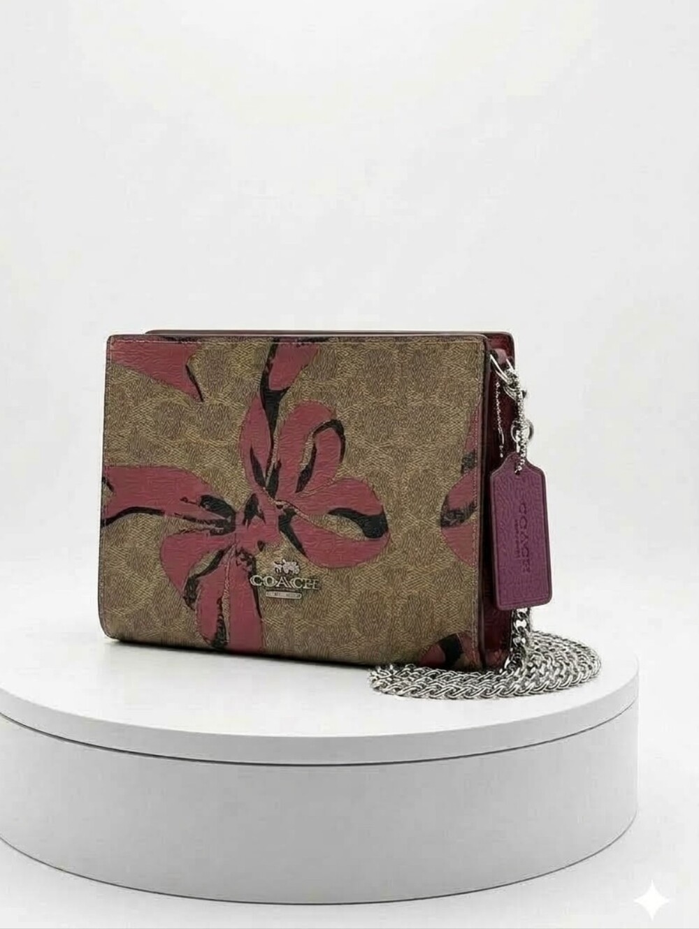 COACH Brown Signature Canvas Crossbody with Plum Floral Accents